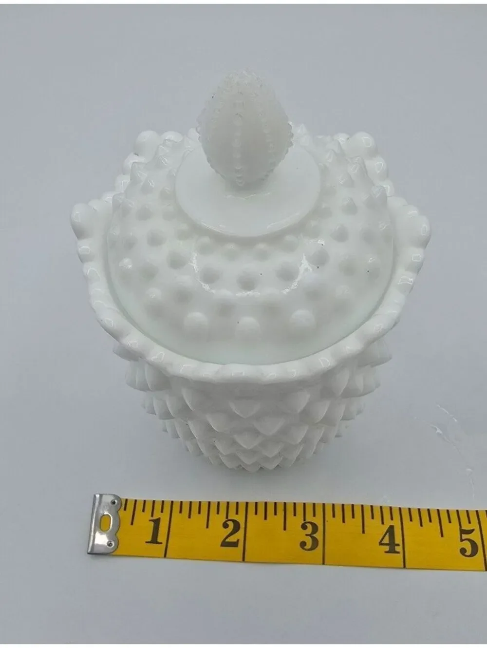 Vintage Fenton White Milk Glass Hobnail Lidded Jar with Finial MCM